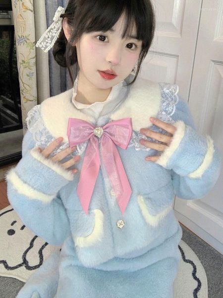 Abiti da lavoro Xgoth Set due pezzi / singolo Cappotto maglione con fiocco rosa carino dolce Abito gonna lunga blu a vita alta sottile Donna Kawaii Streetwear