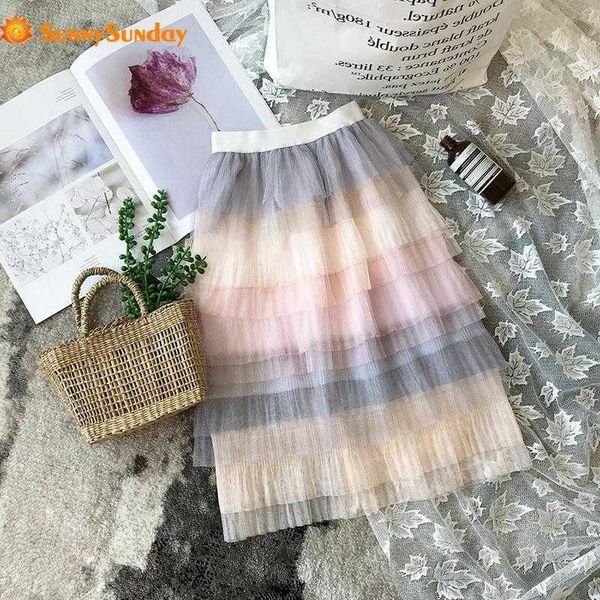 Saias de 3 a 8 anos de idade Casual Casual Gradiente Rainbow Salia para meninas Princesa Mid-Calfe Mesh Tutu Long Cupcake Skirt T230301