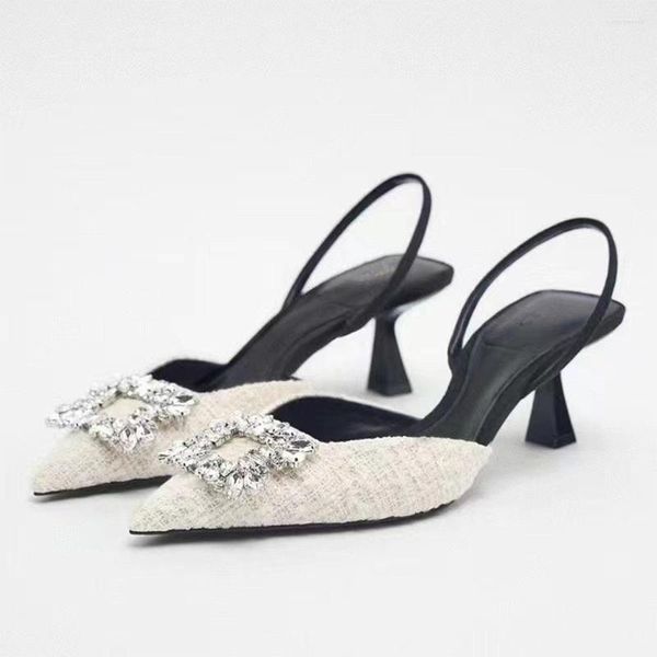 Sandalen Frühling Sommer 2023 Damenschuhe Strass quadratische Schnalle mit hellen Ornamenten und spitzen High Heels eingelegt