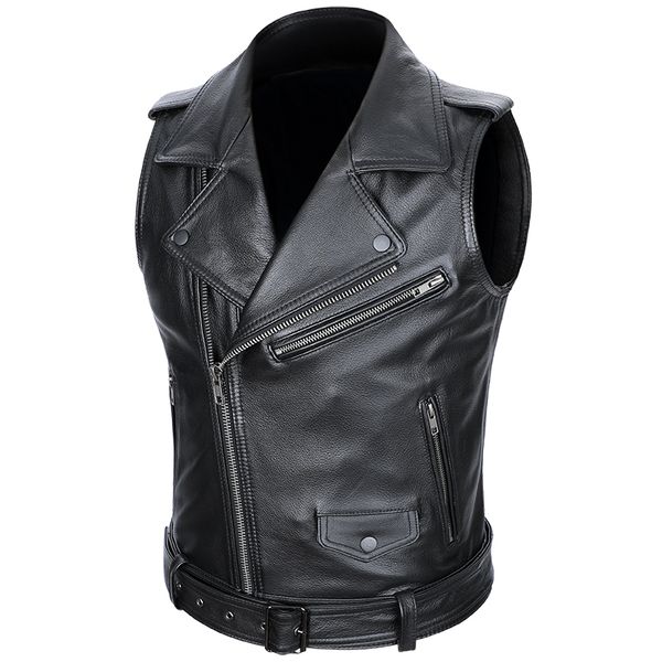 Gilet da uomo in vera pelle cerniera obliqua senza maniche giacche di alta qualità pelle bovina motociclista gilet cintura staccabile 230301