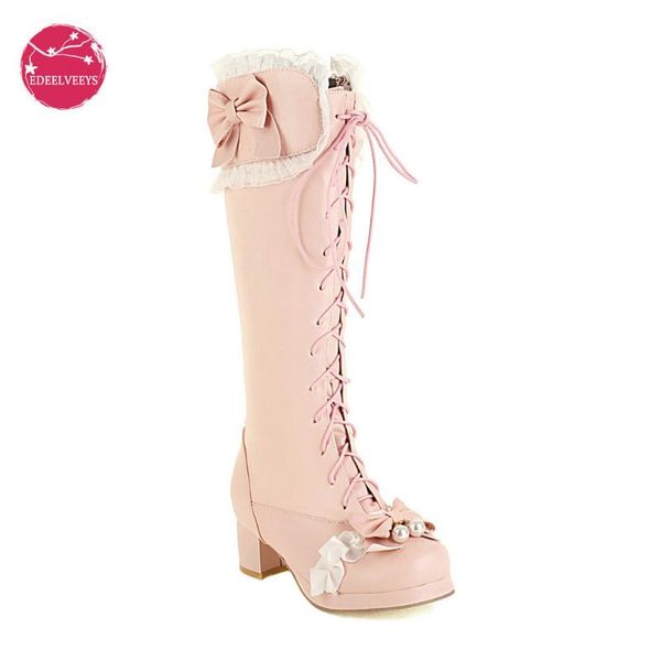 Winter Autumn Boots Knie Frauen süße hohe PU-Leder-Blockschuhe Bowtie Schnürung Lolita Prinzessin Lady Zipper Langes Fahren 82 464