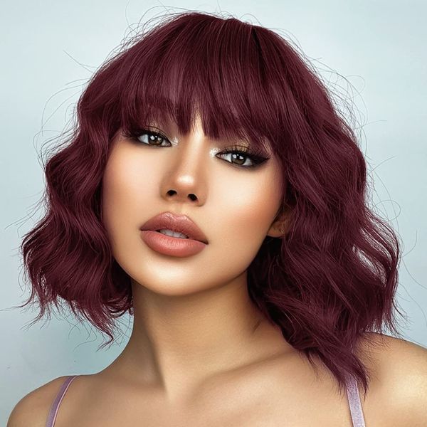 Red Wig Curly Bob Wig com BANGS VINHO BORNGUNDY Red Brasilian Wave Bob Wigs Máquina de aparência natural não fez renda para mulheres 150%