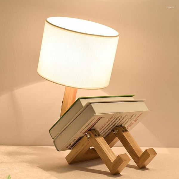 Tischlampen Holz Roboterform Falten Kreative Europäische Mode Studie Schlafzimmer Nachttisch Leinen Lampenschirm Schreibtisch Licht WJ10