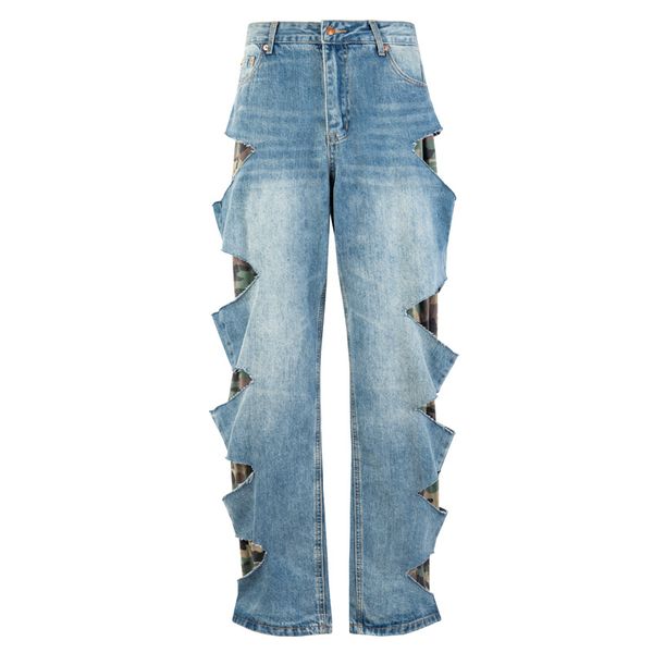 Мужские джинсы камуфляж дыры подделка две куски прямо свободные виделег джинсовые брюки улицы хип -хоп ковбой для мужчин 230301