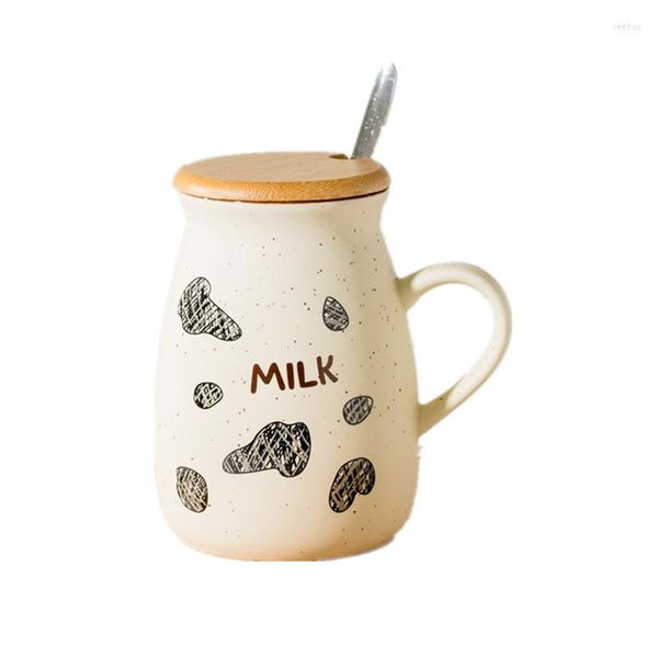 Tazze Simpatica tazza in ceramica con mucca graffiti con coperchio cucchiaio Studente alla moda per coppia colazione tazza di caffè al latte