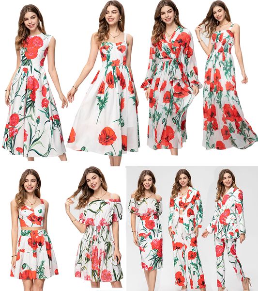 Bayan İki Adet Elbise Bayan Moda İlkbahar Yaz Çiçek Baskılı Uzun Elbiseler Kadın Takım Elbise Setleri İnce Tasarım Zarif Şekil Güneş Elbiseleri