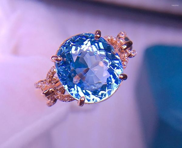 Cluster-Ringe E2023 Aquamarin-Ring, feiner Schmuck, reines 18 Karat Gold, natürliche 4,8 ct blaue Edelsteine für Frauen, Geburtstagsgeschenke