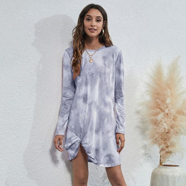 Abiti casual Tie Dye Abito a maniche lunghe da donna 2023 Autunno Girocollo Annodato T-shirt Sudore sciolto Streetwear Alla moda