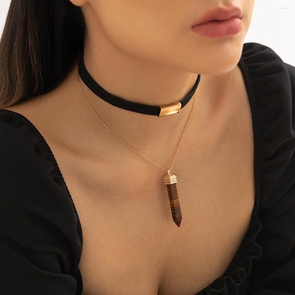 Colares pendentes Purui Gothic Black Velvet Cara de Cara de Moda Opal Pedra Héxágono Coluna Para Mulheres Jóias Naturais de Cristal