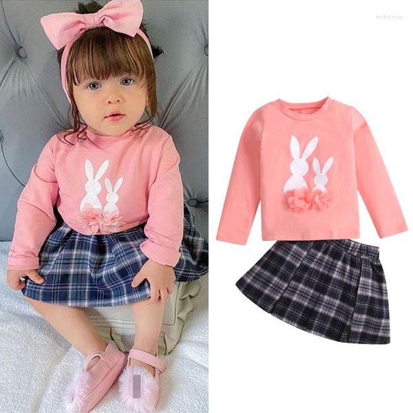 Kleidungssets 0–5 Jahre Mädchen Frühling Herbst Outfits Drucken Dekorative Blume Rosa Langarm Sweatshirt Plaid Rock Set