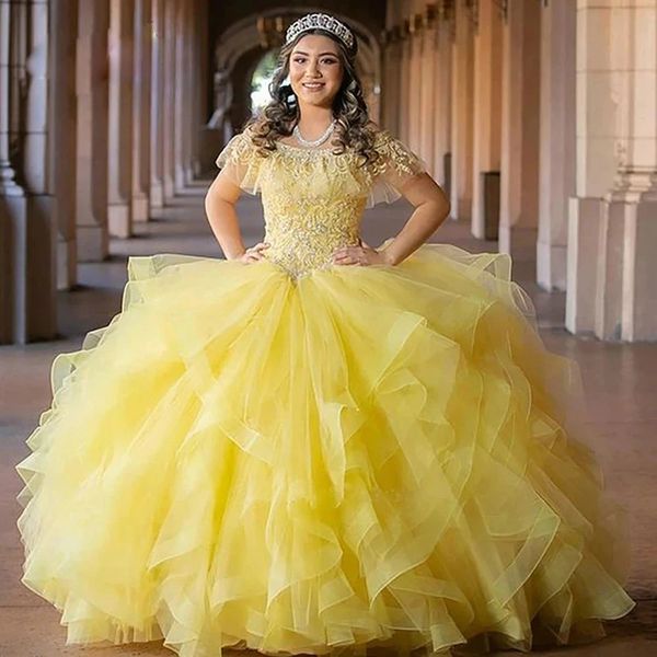 Гламурные оборки с мячом платья Quinceanera с плечами слоившегося сладкого 16 -го выпускного платья 2023 Маскарад 15 Вестидос