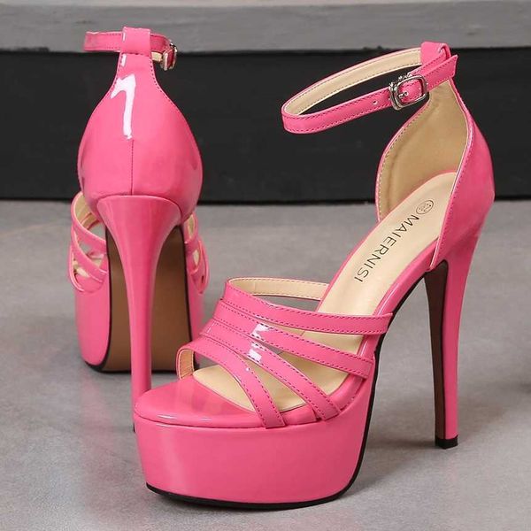 Red Rosa Modelo Sapatos de Vestido Sexy Nightclub Grande Plataforma Mulheres Saltos Altos Estiletto Patente Correia de Correia Sandálias B0113L230301