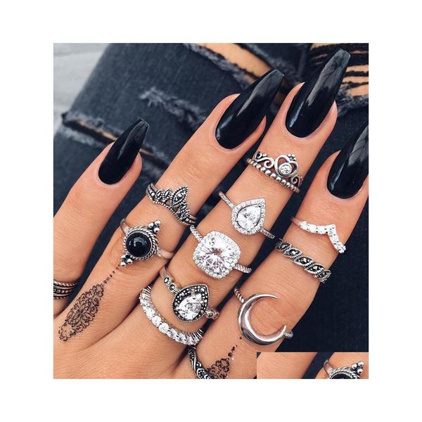 dvr per auto Cluster Anelli Retro Knuckles Ring Set Womens Girls Can Stack Sier Fl Diamond Glass Crystal Moon Drop Consegna Gioielli Dhyzf