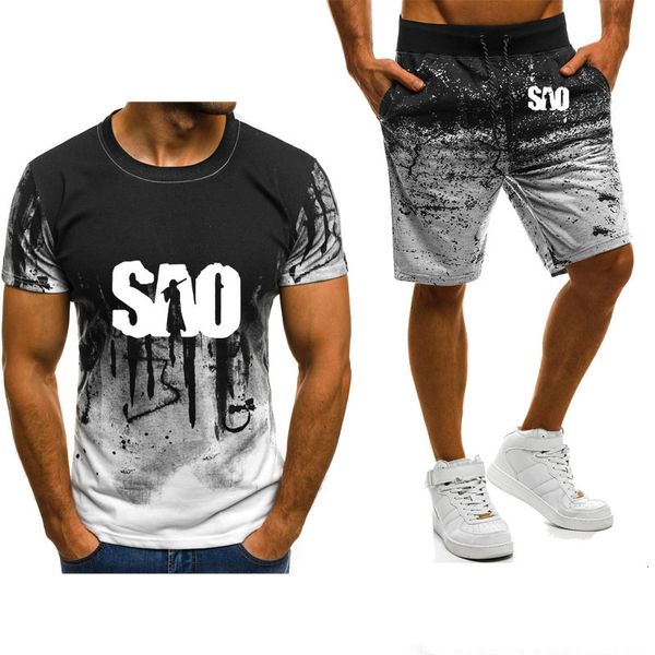 Herren-Trainingsanzüge, kurzärmelig, SAO Sword Art Online, bedruckt, Frühling und Herbst, Farbverlauf, hochwertige Baumwolle, lässiges T-Shirt, Hosenanzug, 2 Stück 230228