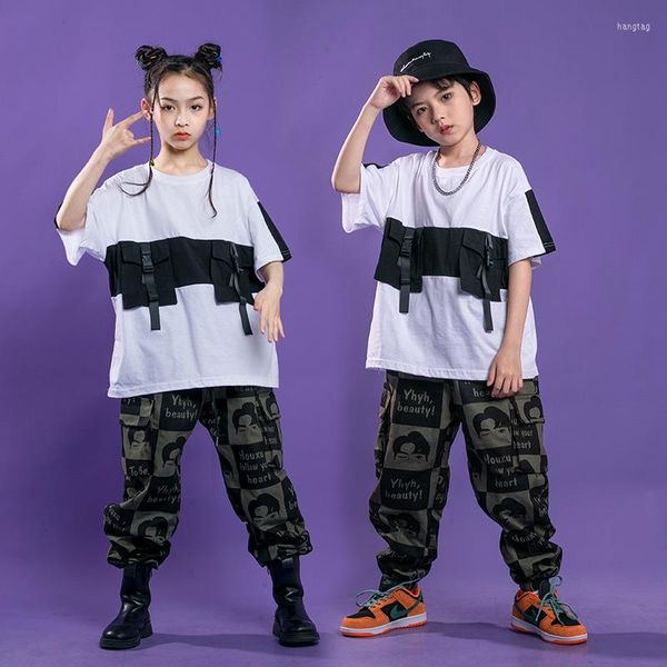 Bühnenkleidung Kinder Hip Hop Kleidung Kurzarm Lose Top T-Shirt Coole Overalls Freizeithosen Mädchen Jungen Ballsaal Jazz Dance Kostüm Kleidung