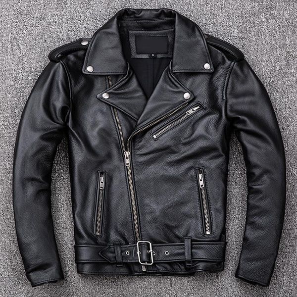 Primavera de couro masculino clássico motocicleta oblíqua zíper jaquetas jaqueta natural pele de bezerro grosso fino moto motociclista homem