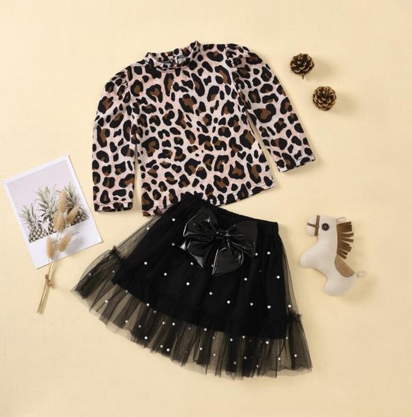 Kinder Mädchen Leopard Kleidung Sets 2 stücke Langarm Pullover T Shirts Tops Perle Spitze Schleife Tutu Röcke