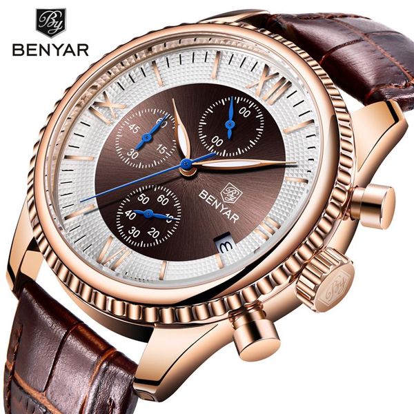 Benyar Men's Watch Fashion Sport Quartz Watch Men Mens Mens Mens Top Top Brand Luxury Leather Watches Men Relogio Masculin298r