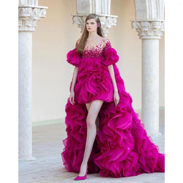 Partykleider Ankunft Flauschiger eleganter Abschlussball Strass Rüschen High Low Ballkleid Frauen Abend Cocktailkleid nach Maß