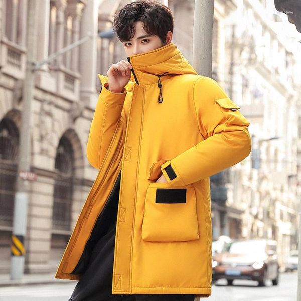 Piumino da uomo 2023 Cappotto invernale da uomo con cappuccio Tinta unitaCasual Parka Capispalla Addensare Caldo con cappuccio Slim Fit Student Nero Giallo