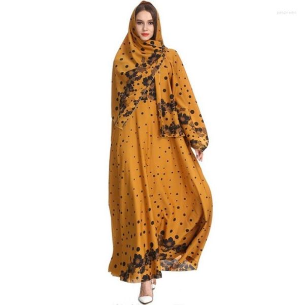 Abbigliamento etnico Stile europeo Abito musulmano da donna Casual Flower Dot Stampato Lungo O-Collo Mussola vintage Allentato A928