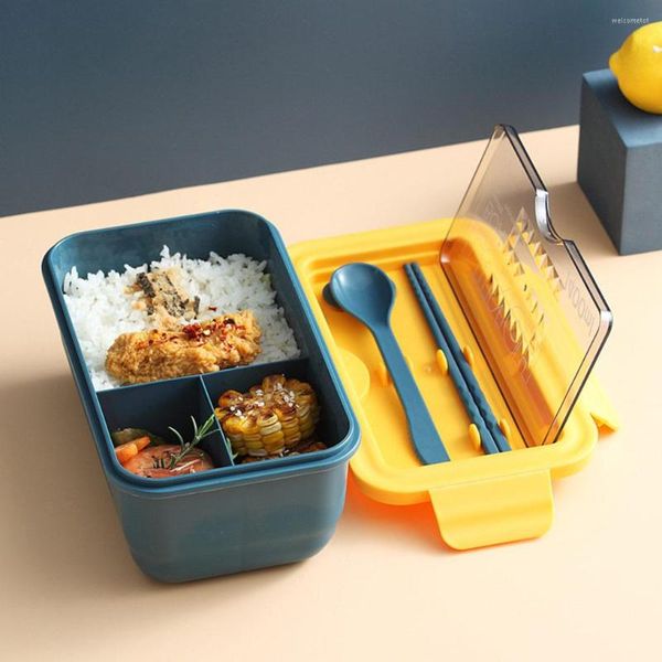 Geschirr-Sets Lunchbox-Koffer Mikrowellenherd Hitzebeständige Frischhaltung mit Löffel Essstäbchen Versiegeltes 3-Gitter-Geschirr für das Home Office