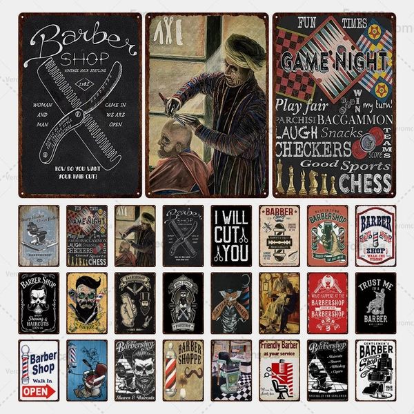 Estilo europeu de barbearia de barbeiro de arte poster ferramentas de barbeiro de metal lata retro decoração barbeiro tatuagem lojas de impressão de impressão de pintura de parede de parede tamanho 30x20cm w02