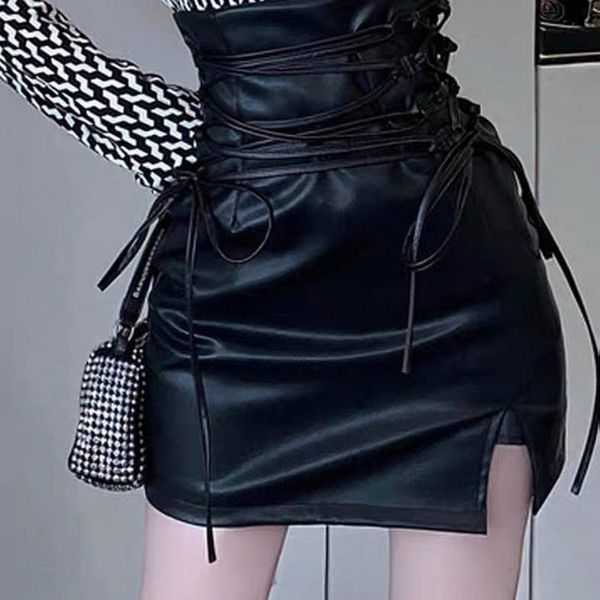 Gothic Bleistiftrock Frau Pu Hippie Mini Leder Punk Lace Up 2023 Hohe Taille Sexy Club Beige Schwarz Y2k Rock 230301
