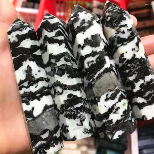 Estatuetas decorativas 200g Natural Black and White Zebra Stone Point Jasper Meditação Pedras Cura Crystal Tower Home Decor Modern