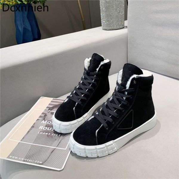 Stiefel Damenmode Flache schwarze Sneaker Echtes Leder Winter Samt Schnürung Warme Sportschuhe Designer Furry Trendy Damen