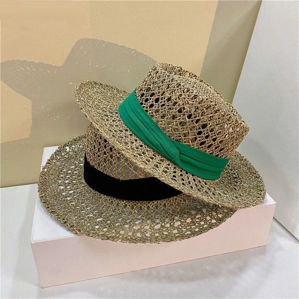 Nuovi cappelli di paglia di erbe naturali per le donne cappelli da sole da spiaggia a tesa piatta estiva moda cappellino da vacanza vuoto Chapeau Femme