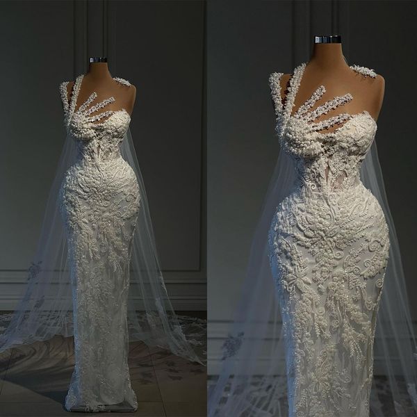 Vestidos de noiva de sereia glamourosos Art Deco-inspirado Pérolas de pescoço de alta cintura