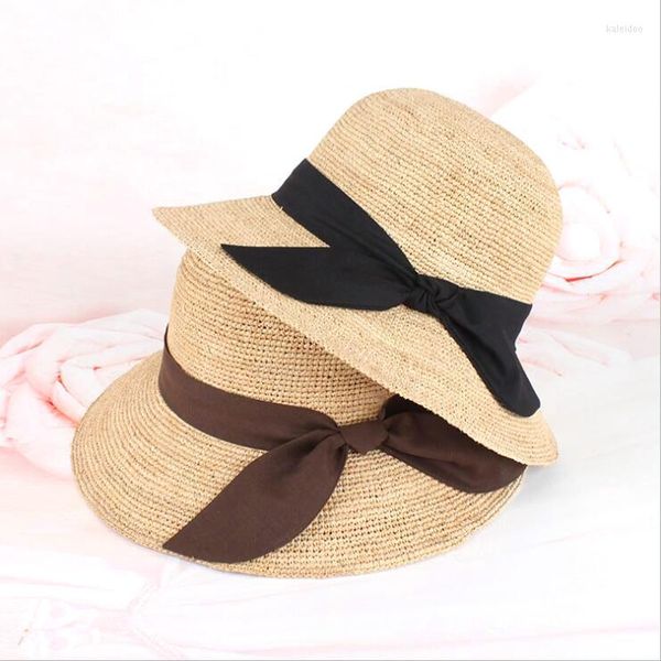 Hüte mit breiter Krempe, Sommer-Papierstrohhut, handgefertigt, Raffia-Fliege für Damen, cool, schön für Frauen, Sonne, Schwarz und Kaffeeband