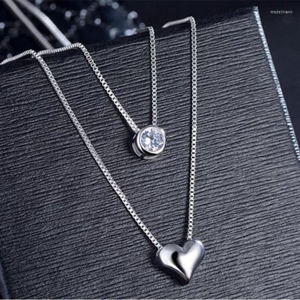 Catene Collana in argento sterling 925 Catena a doppio strato Collane con pendenti a cuore in zircone per donna Girocollo Kolye