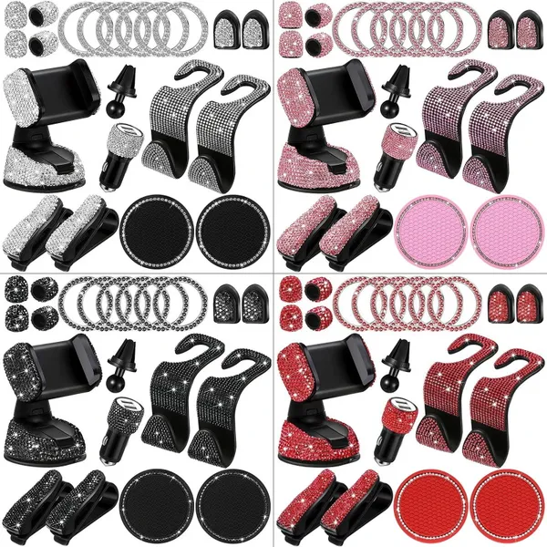 20 pezzi/set strass di cristallo accessori per auto durevole supporto per telefono per auto caricabatterie USB veloce Bling universale per le donne interni auto ganci adesivi pad set rosa rosso