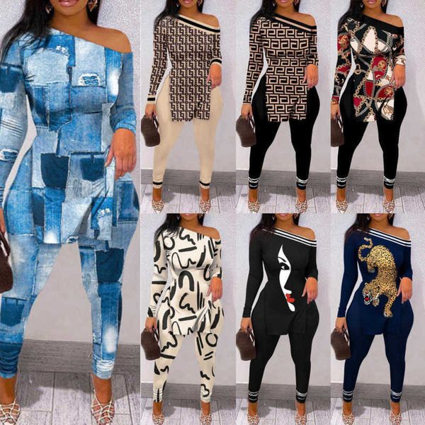 Roupas femininas agasalhos sensuais primavera letras estampadas calças de um ombro de duas peças conjuntos combinando roupas personalizar camisetas divididas leggings roupas