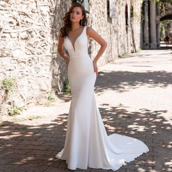 Abito da sposa Altri abiti Collo a sirena con perline per le donne 2023 Abito da sposa senza maniche Slim Sirena con bottoni Vestido De Noivavestid NoviaO