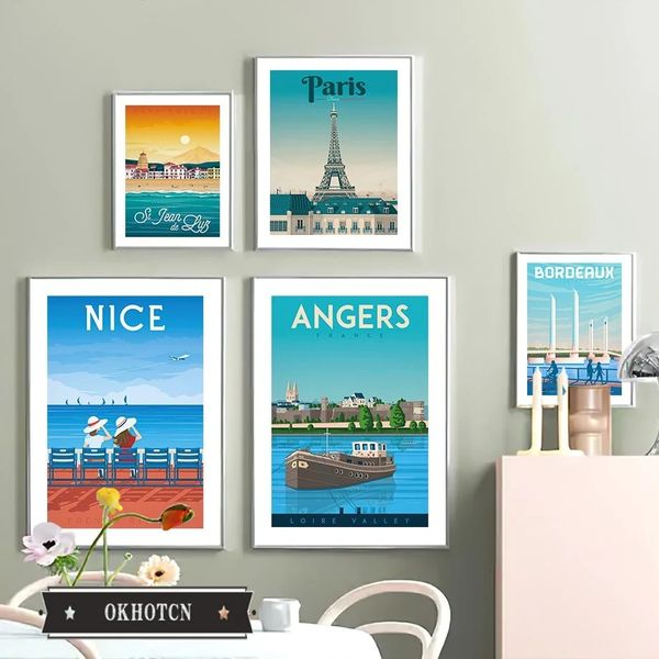 Viaggio colorato Città Paesaggio Illustrazione Tela Pittura Francia Nizza Parigi Monaco Nantes Poster Nordic Wall Art Room Decor Woo