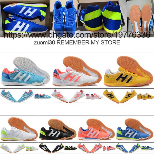 Enviar com botas de futebol de bolsa Super Sala em sapatos de futebol interno para homens de couro macio treinadores confortáveis ​​amarelos azuis brancos rosa B233L