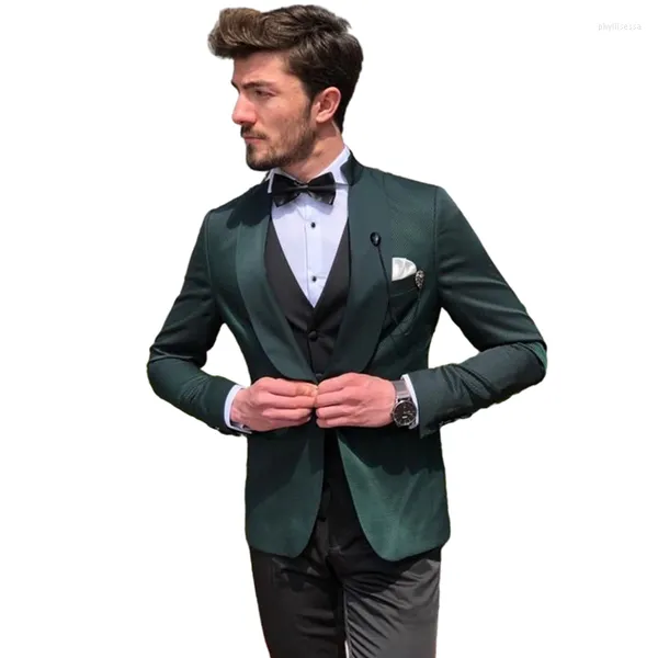 Abiti da uomo Blazer verde Smoking da uomo casual Gilet nero Scialle su misura Risvolto Matrimonio Sposo Formale Signori Festa Prom 3 pezzi Set