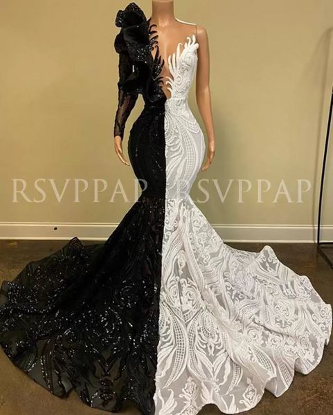 Schwarz-weißes Meerjungfrau-Abendkleid mit glitzernden Pailletten, ein langärmliges afrikanisches Mädchen-Abendkleid BC11113