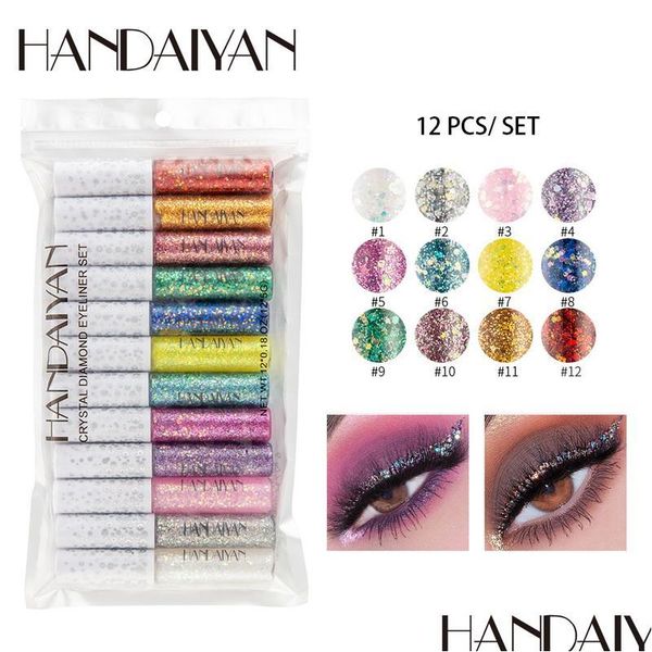 Подводка для глаз HANDAIYAN Color Liquid Glitte Maquillage 12 Упаковка Легко носить хрустальные алмазные макияж для макияжа для макияжа.