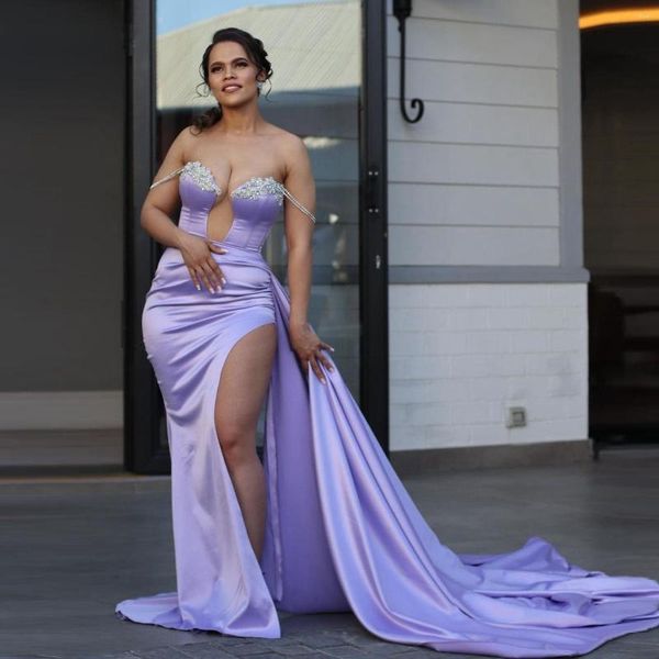 Вечеринка платья светло -пурпурные сексуальные русалка атласная выпускная выпускная лавка без бретелек с высоким расщеплением
