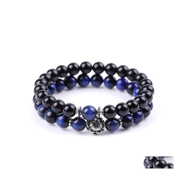 car dvr Braccialetti con ciondoli Uomo Bracciale in pietra con occhio di tigre blu Ciondoli Buddha Lotus fatti a mano 8Mm Perline balck Gioielli da donna estivi Goccia Consegna Dhrzf