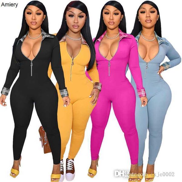 Frauen Kleidung Neue Overalls Elegante Strampler Langarm Body V-ausschnitt Zipper Overall Onesies Bodycon Plaid Nähte Capris Hosen