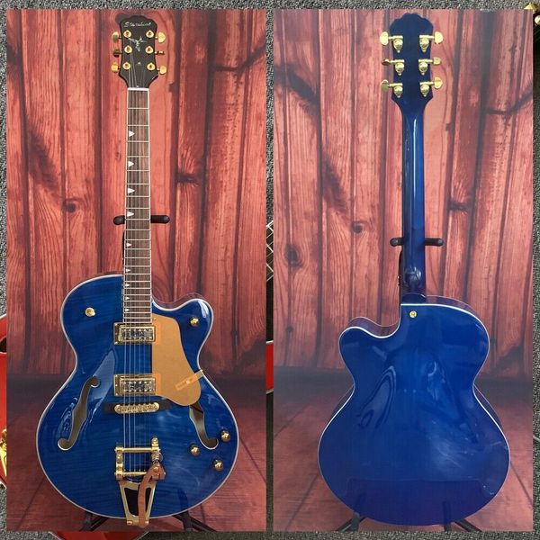 6120 модель Blue Flame Maple Top Hollow Body Electric Guitar Gold Tremolo Bridge