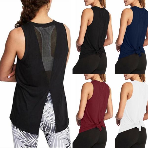 Kadın Tişörtleri Kadınlar Artı Boyut Üstleri Yaz Düz Renkleri Geri Güzellik Geri Fitness Yoga O yaka Siyah Mesh Çapraz Nefes Alabilir Spor Yelek Top Haut