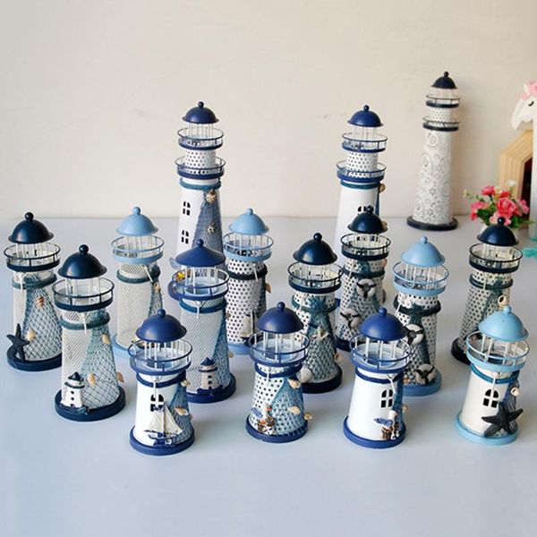 Portacandele Faro mediterraneo Candeliere in ferro Blu Bianco Home Decorazioni per la tavola Candelabros Decorativos De Velas W1216