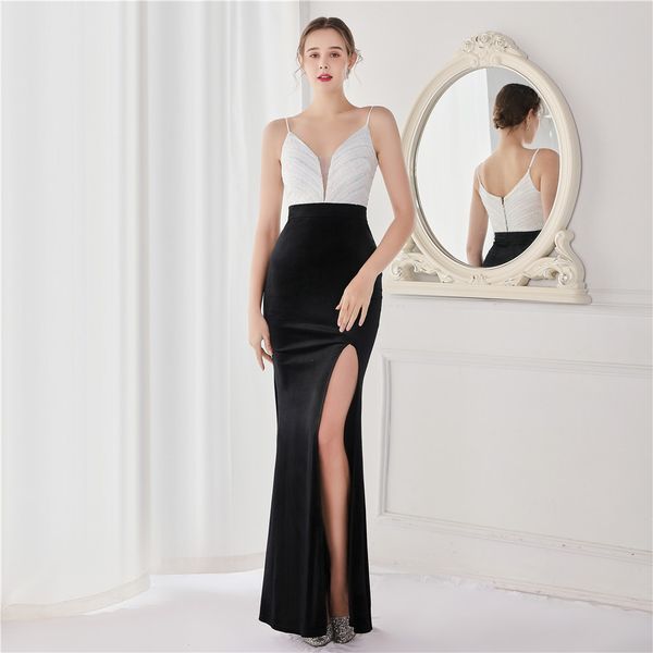 Elegante schwarze Abendkleider, sexy V-Ausschnitt, geteilte Meerjungfrau, ärmellos, Spaghettiträger, Satin, Pailletten, formelle Party-Abschlussball-Kleider, neu 2023