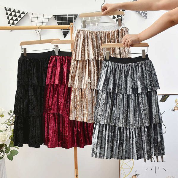 Saias saia longa em camadas para garotas roupas coreanas bebês bebês criança grande escola plissada maxi saia de veludo tutu vestido tutu verão t230301